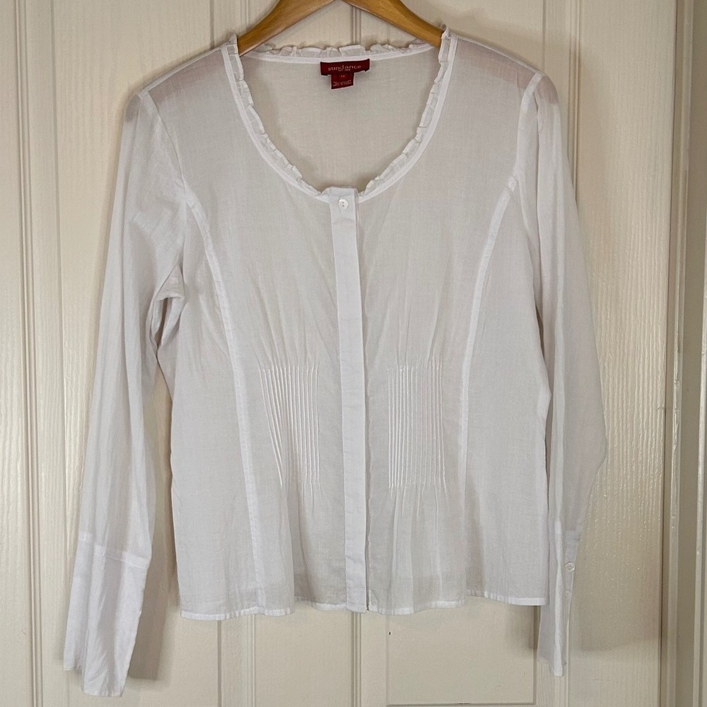 Sundance‎ White Cotton Long Sleeve Button Front Blouse Ruffle Trim Size 12